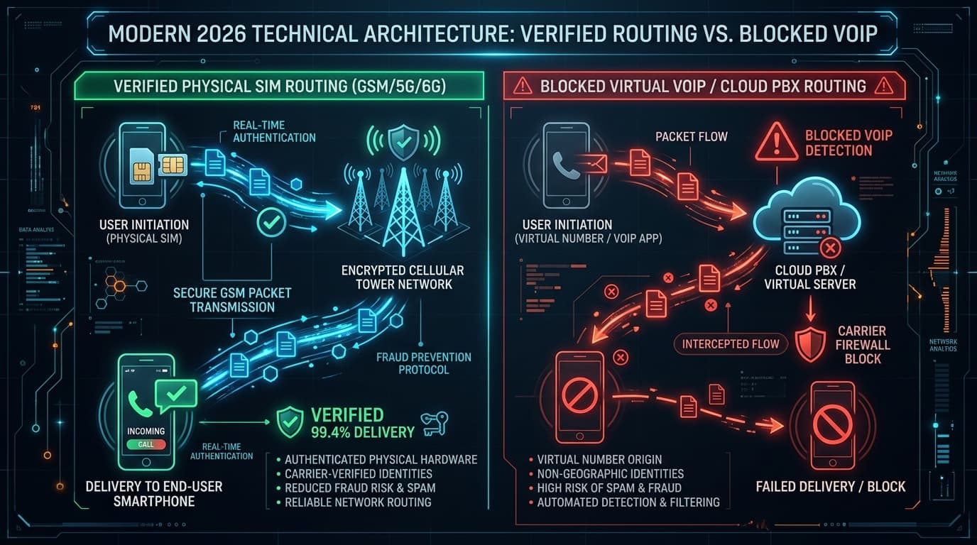 Technical Architecture: Verified Physical SIM Routing vs Blocked Virtual VoIP